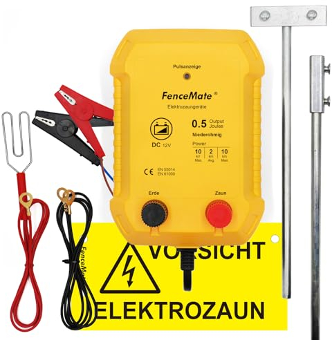 FenceMate 12V Weidezaungerät 0,5J Output für 2 bis 10 km, niedrige Impedanz Spitzenspannung 10kV für Geflügel, Vieh, Hobbytiere, Haustiere, Steuergerät zum Schutz von Gärten und Grundstücken