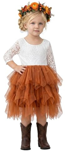 2Bunnies Girl Peony Lace Back A-Line Tiered Tutu Tulle Flower Girl Dress (Burnt Orange Sleeve Short, 6)