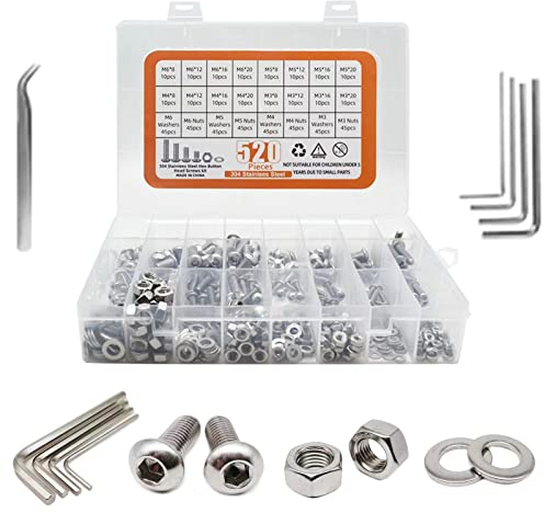 Lot de 520 vis et écrous à tête hexagonale en acier inoxydable M3 M4 M5 M6 - Rondelles à tête bombée - Vis en acier inoxydable - Avec clé