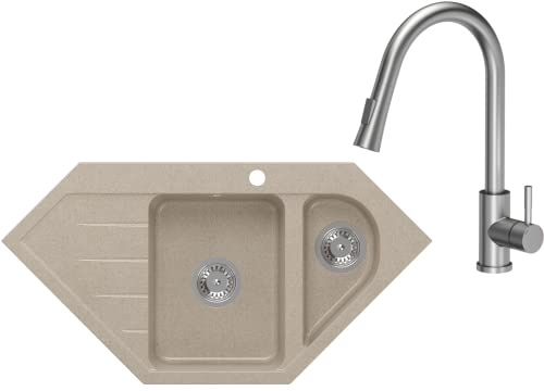 VBChome Eckspülbecken mit Armatur 95x49 cm Beige Granit 1,5 Becken 1,5 Abtropffläche Küche Einbauspüle Küchenspüle Gesprenkelt Spülbecken Siphon Armatur
