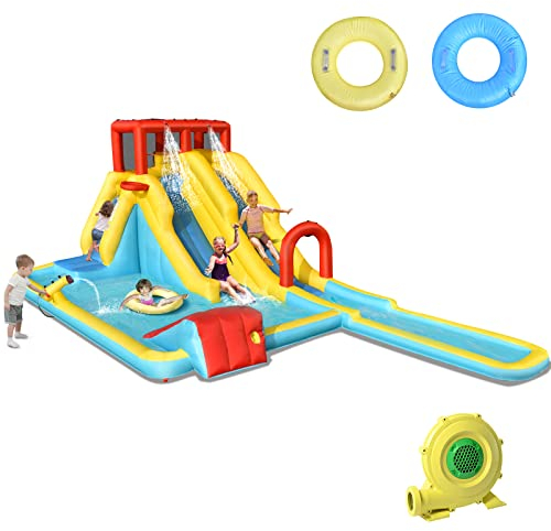 DREAMADE Aufblasbare Wasserrutsche, Hüpfburg mit Doppelrutsche & Kletterwand & Basketballkorb, Outdoor Wasserpark 622 x 335 x 225 cm, Spielburg Kinder ab 3 Jahre (mit 680W Gebläse)