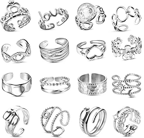 LOLIAS 16 Pièces Bague Argent Femme Acier Inoxydable Ouvert Réglable Vague Bague Câlin Main Doigt Anneaux Pouce Empilables Noeud Plume Knuckle Bague Orteil Lot Bague pour Femmes Filles