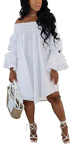 WOKANSE Womens Sexy Bell Long Sleeve Ruffle Off Shoulder Midi Dresses Shirred Loose High Low Hem Dress White M