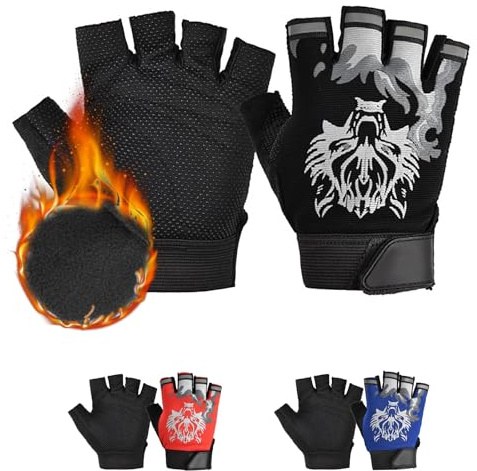 CubePlug Guanti mezze dita per bambini, ragazzi e ragazze, per ciclismo, arrampicata, con imbottitura in gel, senza dita, per BMX [SPI] (lupo nero [versione invernale], M)