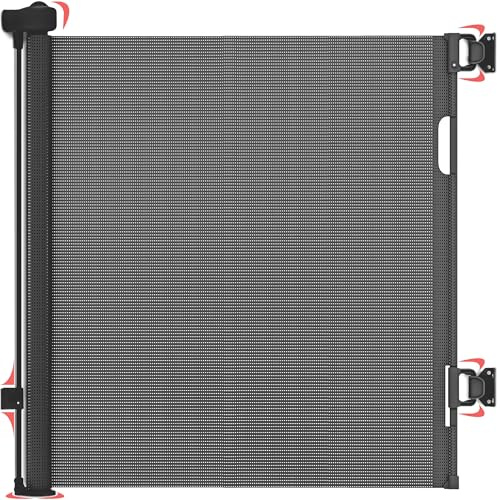 Dikots Black Retractable Stair Gate for baby & Pet with secure 2-Step Lock - 140 cm wide & 86 cm tall extendable gate - Retractable Stair Gates for Dogs - Black Baby gate for stairs & doorways