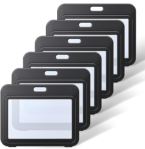 Uniclife ID Badge Holder with Double-Sided Windows Horizontal Hard Plastic Case Black Card Protector Pouch for Office School ID Credit Cards Proximity Key Cards Driver’s Licenses and Passes, 6 Pack