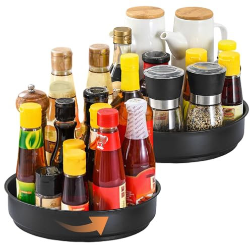 Oungy 2 Stück Lazy Susan Drehteller Schwarz Metall Organizer 25,5cm Drehteller Kühlschrank Schwarz aus Metall 360°Rotatable Gewürzregal Drehbar für Küche Speisekammer Schrank Tisch Arbeitsplatte