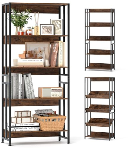 COSTWAY 3/5-Tier Bookshelf, Industrial Corner Storage Bookcase with Adjustable Shelves & Anti-Toppling Device, Home Office Metal Frame DIY Shelving Unit Display Rack (Rustic Brown, 70 x 35 x 157cm)