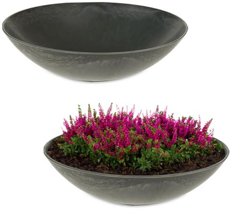 Matches21 - Cuencos para plantas resistentes a la intemperie, 28 cm, para exteriores, 2 cuencos pequeños decorativos planos de mármol como cuencos para flores, platos XXL de jardín para flores,