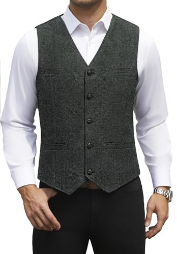 HISDERN Herrväst i ull och tweed herrkostym vintage fiskbensväst för bröllop och business formell