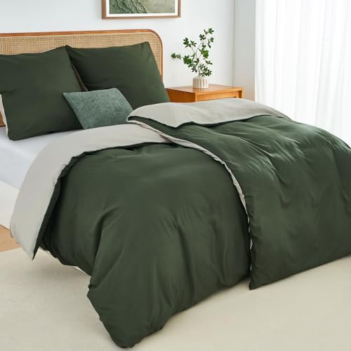 Duvetnova Bettwäsche 135x200 4teilig Olivgrün/Beige Bettwäsche-Sets Superweiche Microfaser ÖKO-TEX Wendebettwäsche, 2 Bettbezüge 135 x 200 + 2 Kissenbezüge 80x80 -alle mit Reißverschluss