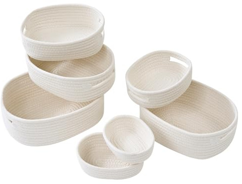 Mangata Set de 7 Paniers de Rangement Tressés de Coton Blanc, Ovale avec Poignées, Léger et Durable, Multifonctionnel pour Cuisine, Salle de Bain ou Chambre, 100% Coton Naturel Sans Chimie