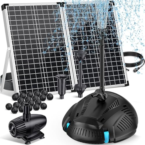POPOSOAP Filtro de estanque con fuente solar de 55 W, filtro solar para estanque con bomba de 2000 l/h y kit de fuente, manguera de PVC de 2 m, ideal para estanques koi, cascadas y fuentes de agua