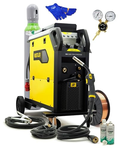 Rustler 350C PRO - Soldadora MIG MAG con cilindro de gas y alambre, soldadora de gas Synergic, 400 V, inversor 350 A, 4 ruedas, E-Hand & WIG-Ready, kit profesional con accesorios