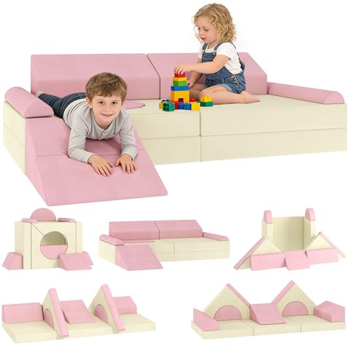 AIYAPLAY Soft Play Set Modular Kids Sofa Bed for Children 12 Pieces Pink