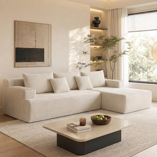 GRAVFORCE 235cm L-shaped Boneless Sofa 2-Piece Sectional Modular Sofa with Wide Armrest Cloud Corner Sofa for Living Room Bedroom Beige