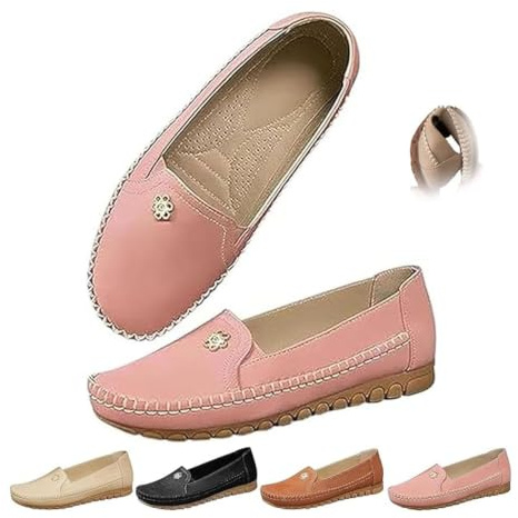 Chaussures orthopédiques en cuir légères, antidérapantes et respirantes pour femme, mocassins à enfiler avec fleurs, chaussures de marche décontractées et confortables, rose, 40 EU