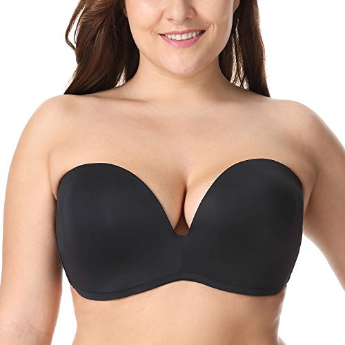 DELIMIRA Women's Strapless Bra Plunge Push Up for Big Busted Seamless Slightly Lined Support Lift Plus Size Invisible Black 38DD