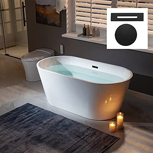 WOODBRIDGE 59 Acrylic Freestanding Bathtub Contemporary Soaking White Tub with Matte Black Overflow and Drain，B0014-MB-Drain &O