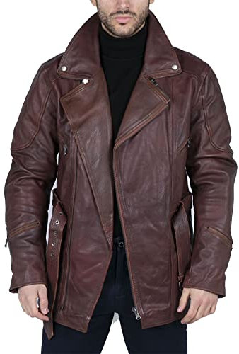 Veste en Cuir Noir pour Homme Moto avec Fermeture éclair Diagonale avec Protections CE - Marron M
