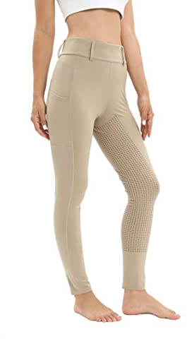 Havideto Reitleggings Damen Vollbesatz mit Handytasche, High Waist Reithose Damen Mädchen Stretch mit Gürtelschlaufen Khaki M