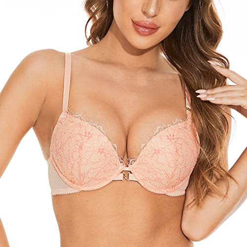 Deyllo Damen Push Up BH mit Blumen Spitze Schalen Bügel BH Gepolstert Elegant (Rosa Cocktail,80A)