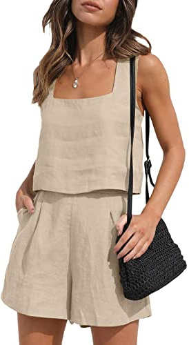 FeMereina Womens 2 Piece Outfits Lounge Matching Sets Two Piece Linen Shorts Crop Tops 2023 Trendy Clothes Summer Vacation Set