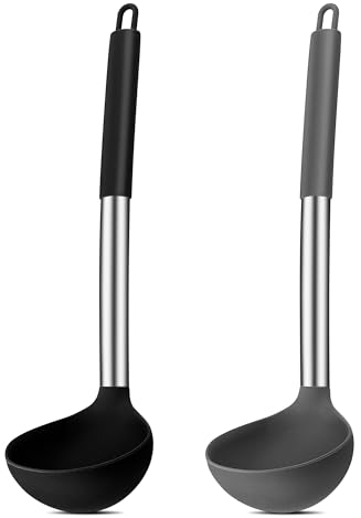 Joyfair - Set di 2 mestoli in silicone, resistenti al calore, con manico in acciaio inox, 30 cm, per cucinare/mescolare/servire, sano e antiaderente, nero e grigio