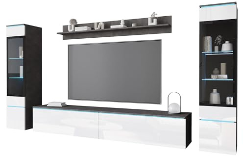 MINIO go for it - Ensemble Meuble 4 pièces Veve 2 I Suspendu ou Debout I 2X Vitrine Armoire Haute I Buffet Mural I Stratifié I Éclairage LED I Matera/Blanc Laqué