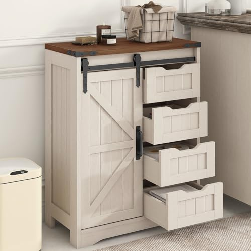 Befrases Farmhouse Bathroom Storage Cabinet, Bathroom Cabinet with 4 Drawers and Sliding Door, Farmhouse Floor Storage Organizer for Kitchen, Living Room, Rustic Style, White