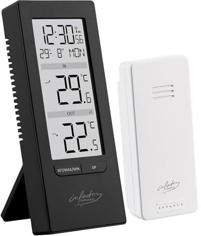 infactory Funkuhr Thermometer: Digitale Temperaturstation, Innen-/Außenthermometer, Funkuhr, schwarz (Funk-Thermometer mit Außensensoren, Digital außen, Küchenuhr)