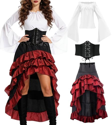 3 st medeltida piratdräkt set medeltida klänning damer med pirater korsett topp, kjol, karnevalkostym för halloween, karneval, cosplay