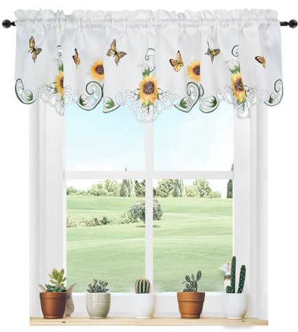 Molaxhome Schillernd Bestickt Scheibengardinen Kurzstores Fenster Valance Küchengardinen Bistrogardine Fenstervorhang Küche Vorhänge Fensterschal, Stabtasche Valance 146x35 orange