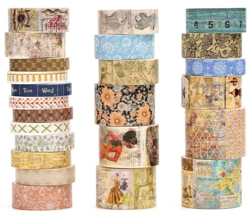 Songdao 24 rouleaux Millésime Washi Tape Set, Ruban Motif Antique Adhésif Décoratif Masking Tapes pour Arts, Bullet Journal, Scrapbooking, Bricolage, Emballage (vintage 7 jours)
