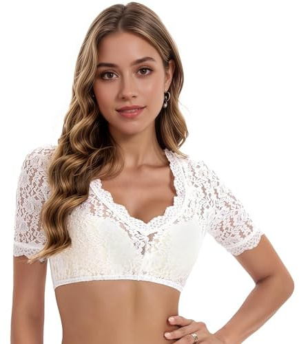 Moerstar Camicia Dirndl Bianco in Pizzo a Maniche Corte da Donna, Dirndl Bluse Sexy Elegante con Scollo a V, Camicia Pizzo Donna Tradizionale Bavarese Oktoberfest