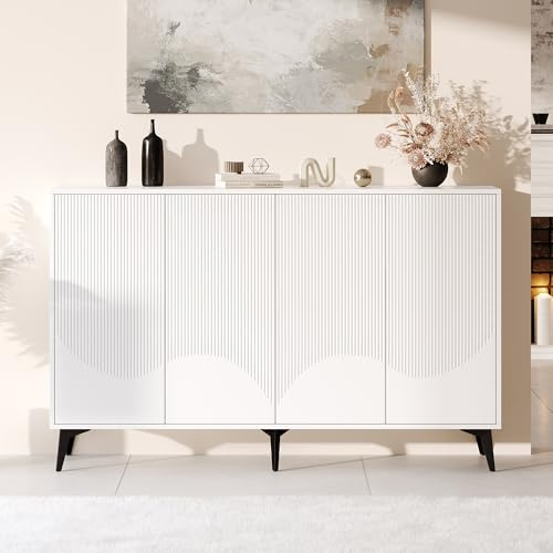 Hommdiy Weiß Sideboard Breite 160 cm, Multifunktionales Sideboard,Kommode, Highboard mit verstellbaren Einlegeböden, 4 Türen, Metallbeine