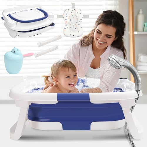 Daromigo Bañera plegable para bebé, con termómetro, con cojín suave, soporte antideslizante, ahorra espacio, para recién nacidos, color azul