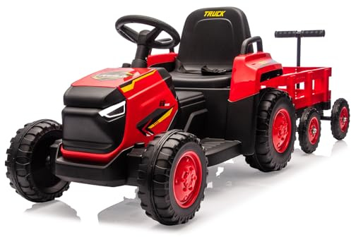 Garvee Tracteur Electrique Enfant 12V avec Remorque Amovible, Jouet Tracteur Electrique à 8 Roues avec Télécommande, Phares LED, Musique et Klaxon, Voiture Électrique pour Enfants de 3 Ans+, Rouge
