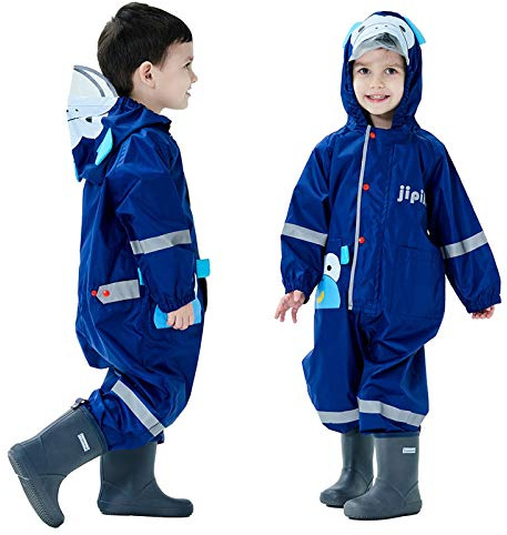 Baogaier Waterproof Puddle Suit Toddler All in One Rainsuit Hooded Lightweight Easy Dry Boys Girls Rain Muddy Suit Rainwear Raincoat with Monkey Pattern Unisex Baby Kids 1-2 Years, Navy Blue S