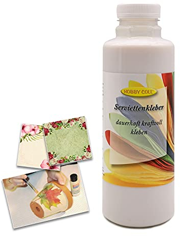 HOBBY COLL® Serviettenkleber & Lack Glänzend für Serviettentechnik Decoupage (500 ml) - Made in Germany - Transparent - Wasserbasiert - Kleber & Lack in einem - Wetterfest