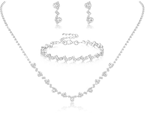 Jstyle Silver Bridal Wedding Jewelry Set Crystal Necklace Bracelet Dangle Earrings Set for Bride Bridesmaid Rhinestone Necklace Prom Costume Jewelry Set Accessories for Women (Set of 3) B