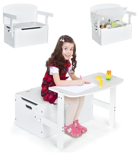 COSTWAY 3 en 1 Table Enfant en Bois avec Chaise, Banc Coffre à Jouets avec Couvercle & Poignée Découpée, Table d'Activités Convertible pour Tout-Petits de 3-7 Ans, Charge10/30kg, 60X57X44CM