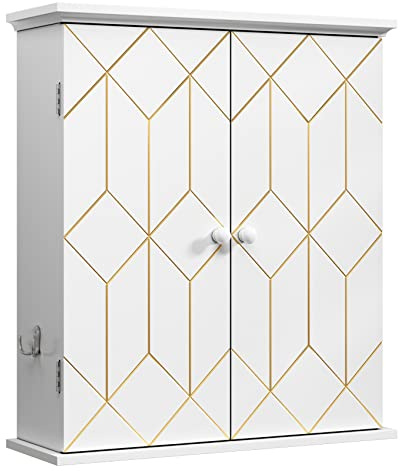 AZODY Bathroom Cabinet with Gold Trim, Wall-Mounted Bathroom Storage Cabinet with Adjustable Shelves and Side Hooks, Space Saver Medicine Cabinet for Livingroom, Laundry, Classical White