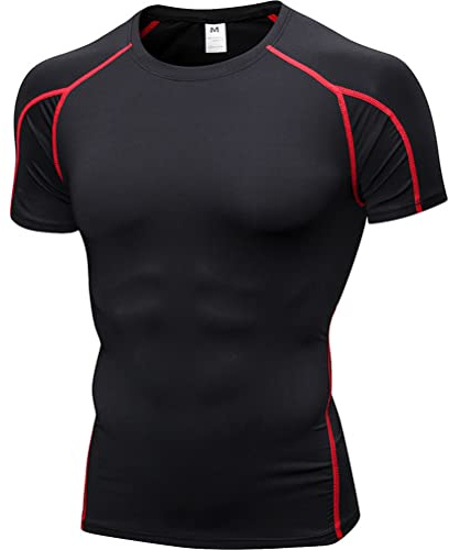 seiveini T-Shirt Compression Homme Manches Courtes Tee Shirt Musculation Col Rond Léger Respirant pour Gym Fitness Jogging A Noir+Rouge L