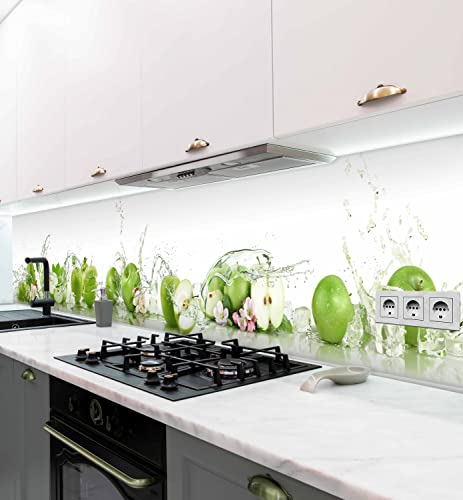 MyMaxxi Küchenrückwand Folie selbstklebend matt - einfache Montage ohne Bohren 0,4mm stark Versteift - Motiv Äpfel Grün 60cm hoch - Spritzschutz Küche Klebefolie - Eiswürfel Obst Früchte 400 x 60cm