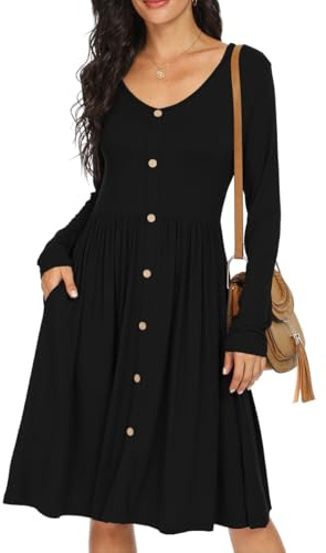 GRECERELLE Womens Long Sleeve Casual Plain Swing Dresses Button Down A-Line Midi Short T-Shirt Dress with Pockets (Black, L)
