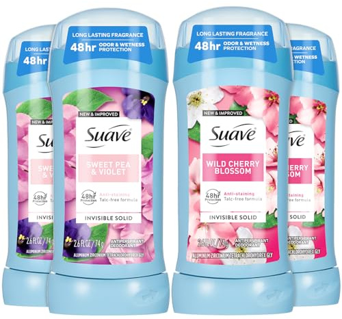 Suave Antiperspirant Deodorant for Women, Wild Cherry Blossom + Sweet Pea & Violet Variety 4-Pack – Anti-Staining Invisible Solid Sticks, Talc-Free, 2.6 Oz Ea