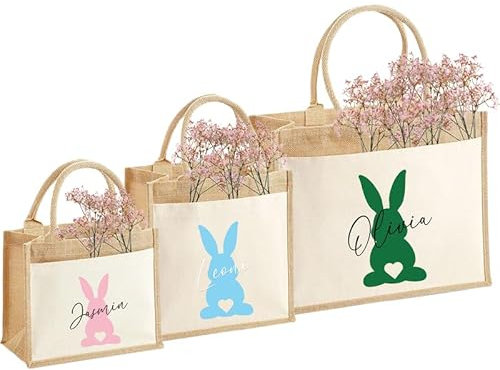Generisch Personalisierte Ostertasche 3x Osterbeutel Osterhase Nachhaltige Jute-Tasche Geschenk-Tasche Jute-Beutel Einkaufstasche aus 100% Jute und Baumwolle