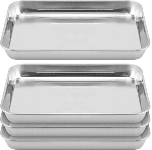 HEIYUET Set di 4 teglie da forno acciaio inox, 23,5 x 17,5 x 2,5 cm, teglie da forno per pizza rettangolare, teglia profonda, teglia da forno per arrostire, lavabile in lavastoviglie