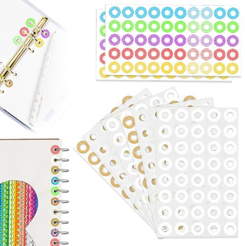 WHYCNJL Lochverstärkungsringe,8 Blätter Runde Lose-Blatt Papier Verstärkungs Ringe Aufkleber, 340 Stück Lochverstärkungsringe selbstklebend für Schule, Haushalt und Büro,4 Stile